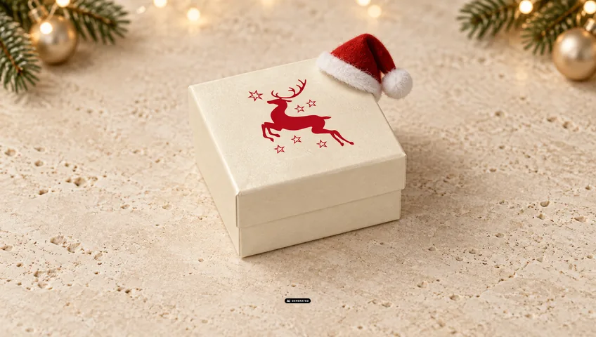 LESER sieradendoosje 0230 PLAIN in crème met het kerstmotief DEER in rood en een kleine kerstmuts op de hoek van het deksel