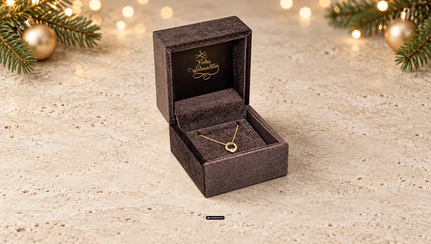 LESER sieradenetui 6430 VELVET LUXE in donkerbruin met het kerstmotief GREETINGS in goud aan de binnenkant van het deksel