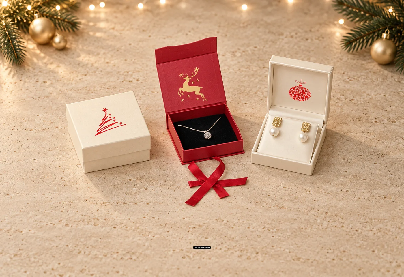 Drie LESER sieradenverpakkingen voor kerst: doosje 0230 PLAIN in crème met het motief TREE, etui 0275 CELEBRATION in rood met een gouden hert aan de binnenkant en etui 5530 BRILLIANT in crème met het motief BAUBLE aan de binnenkant