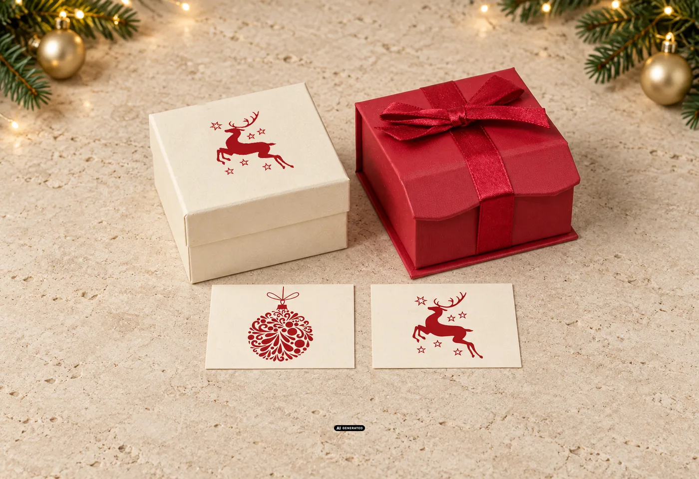 LESER doosje 0230 PLAIN met het motief DEER, etui 0275 CELEBRATION met strik en stalenkaarten met kerstmotieven