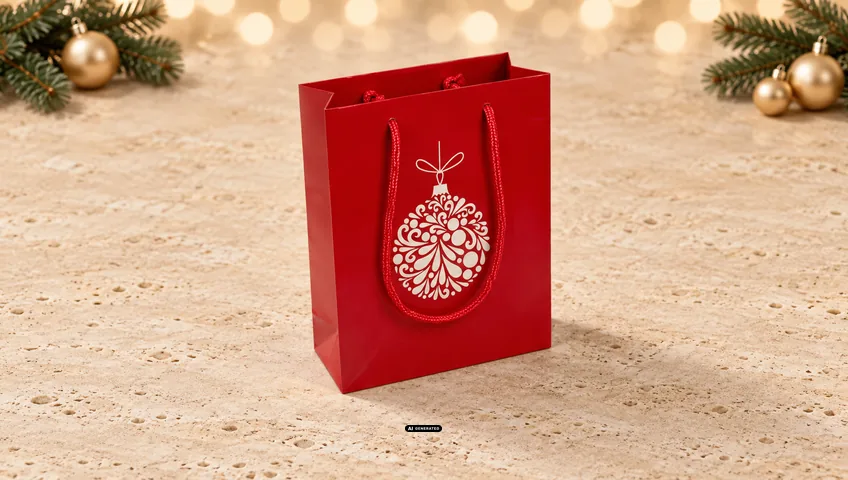 LESER papieren draagtas in rood met het kerstmotief BAUBLE in wit op de voorzijde