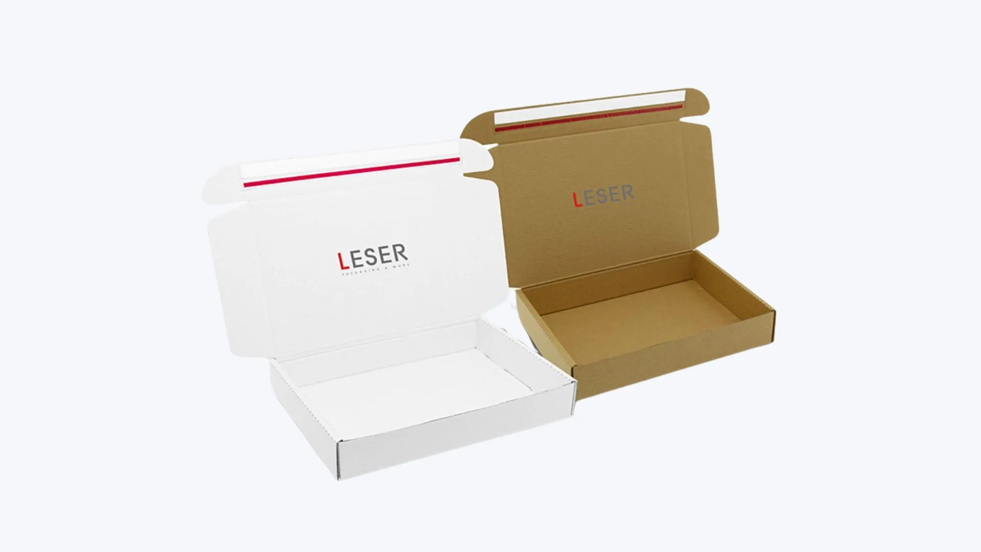 Verzenddozen.<br>5 maten. 2 kleuren.