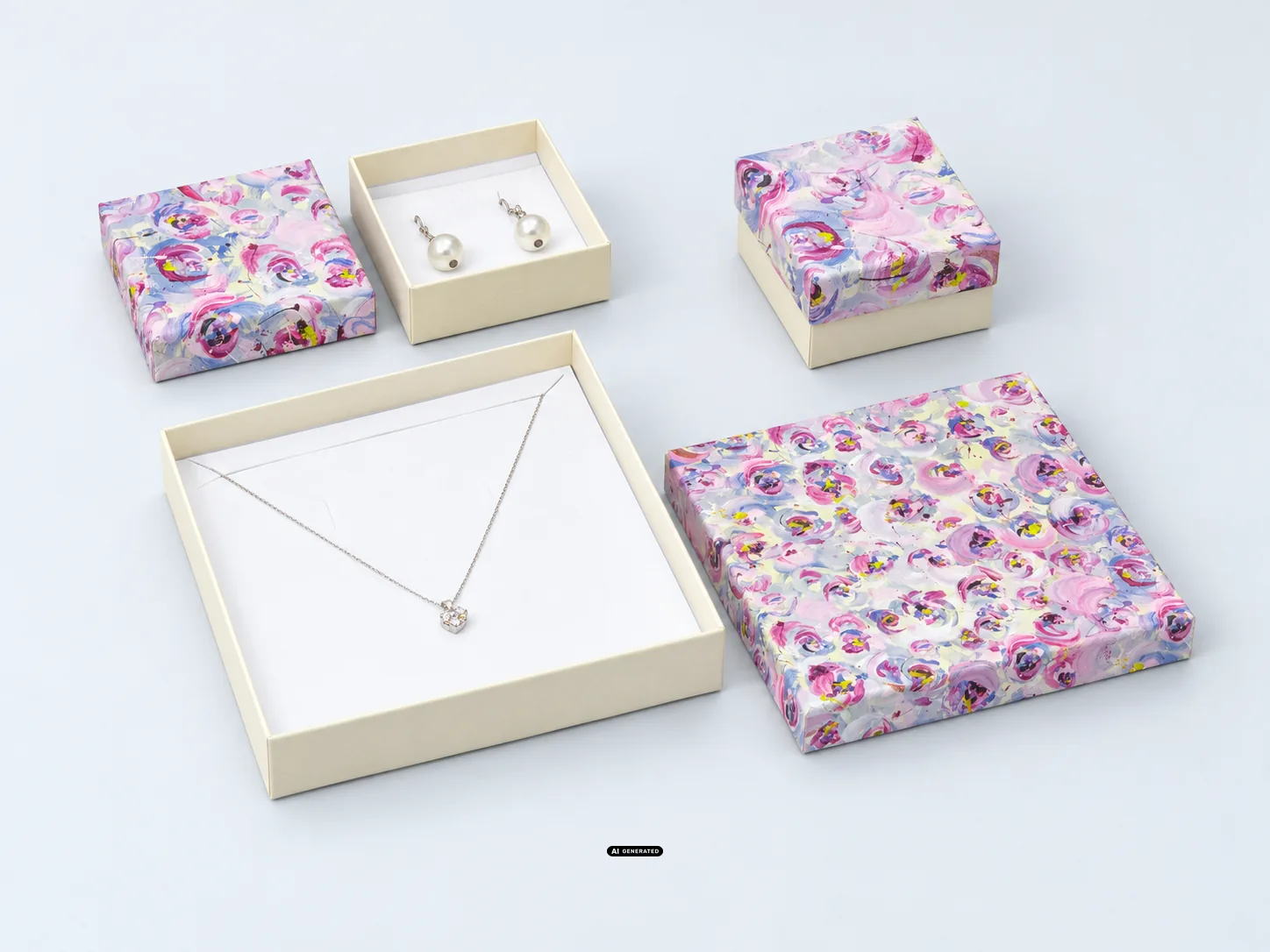 Kartonnen doosjes uit de serie 0140 FLOWER in bloem/crème met sieraden