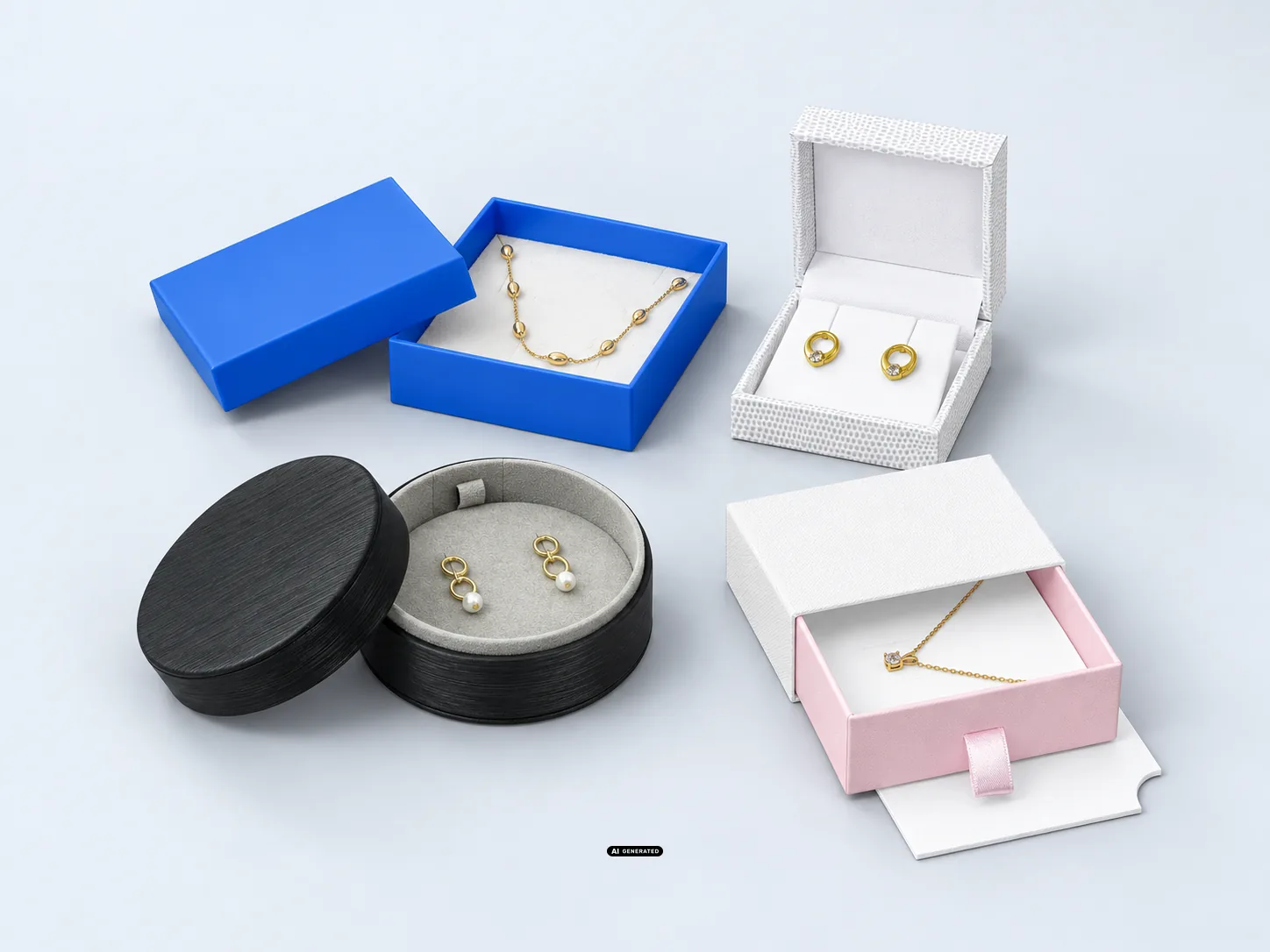 Sieradenverpakkingen uit de series 1560 EARTH, 5920 ROUND, 5514 ROMA en 0830 CASE met sieraden